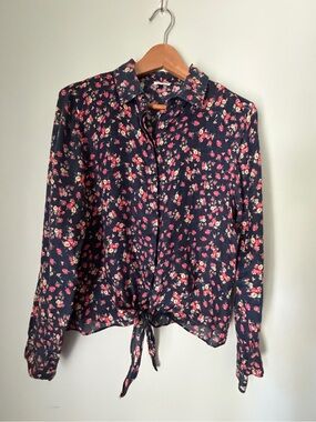 Ecru 100% Linen Navy Floral Tie Front Button Up Blouse Large